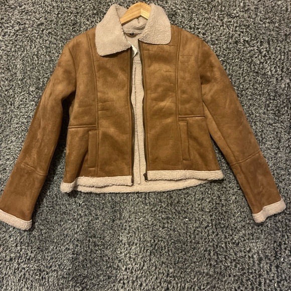 Kids tan Sherpa Lined biker jacket Small - Picture 1 of 7